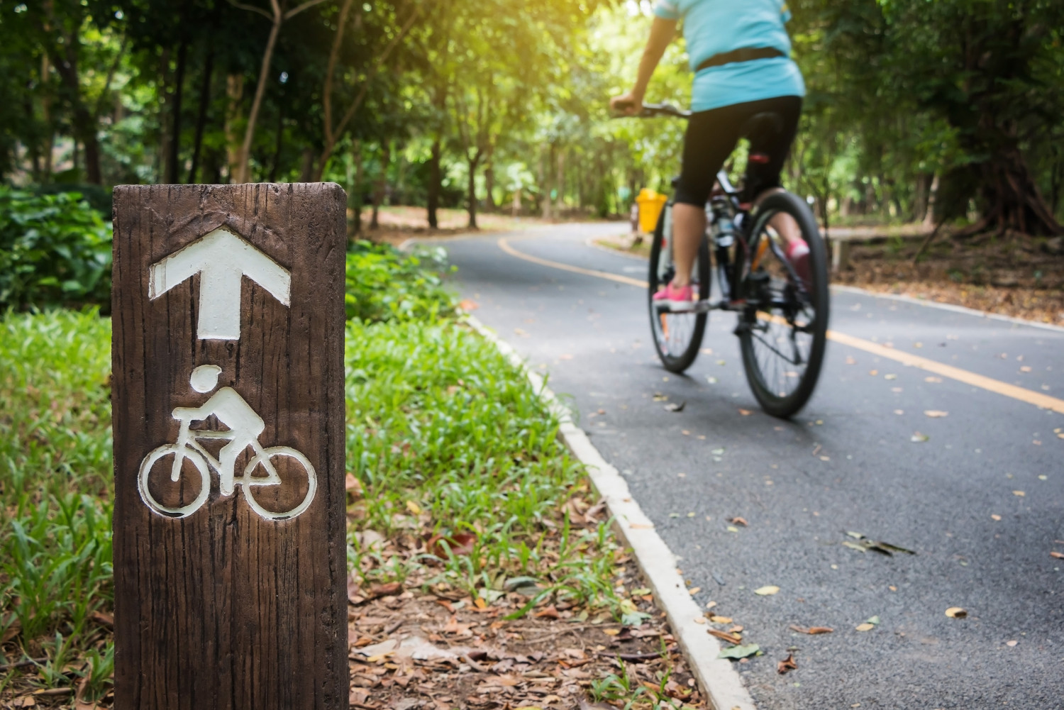 sign pointing down bike path, seen at right with a person riding a bike into the distance